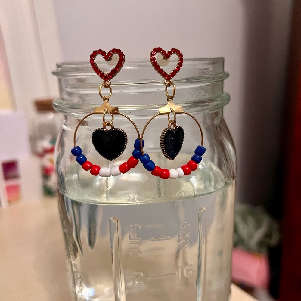 Patriotic Heart Hoop Earrings with Beads